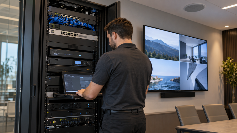 Profesional poniendo en marcha un rack de audio, video y redes; escena ilustrativa