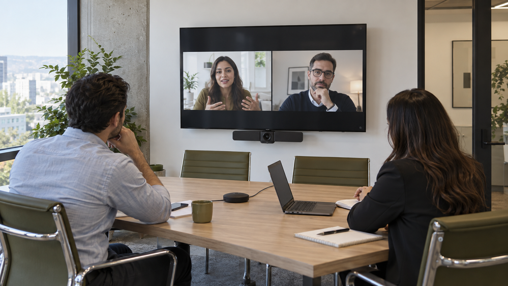 Reunión híbrida con pantalla y cámara; escena ilustrativa
