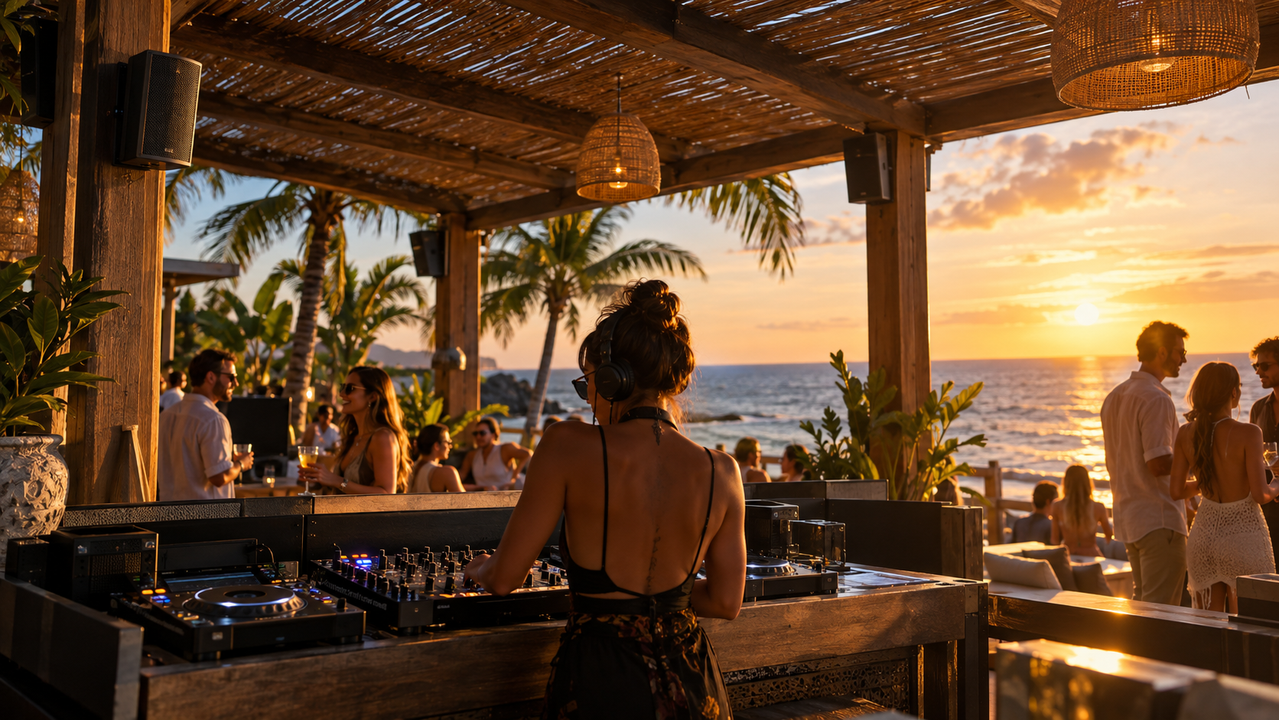 Escena ilustrativa de beach club con audio instalado y estación de música