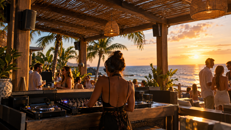 Escena ilustrativa de beach club con audio instalado y estación de música