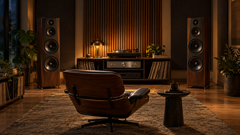 Escena ilustrativa de sala de escucha hi-fi con bocinas, amplificación y tornamesa