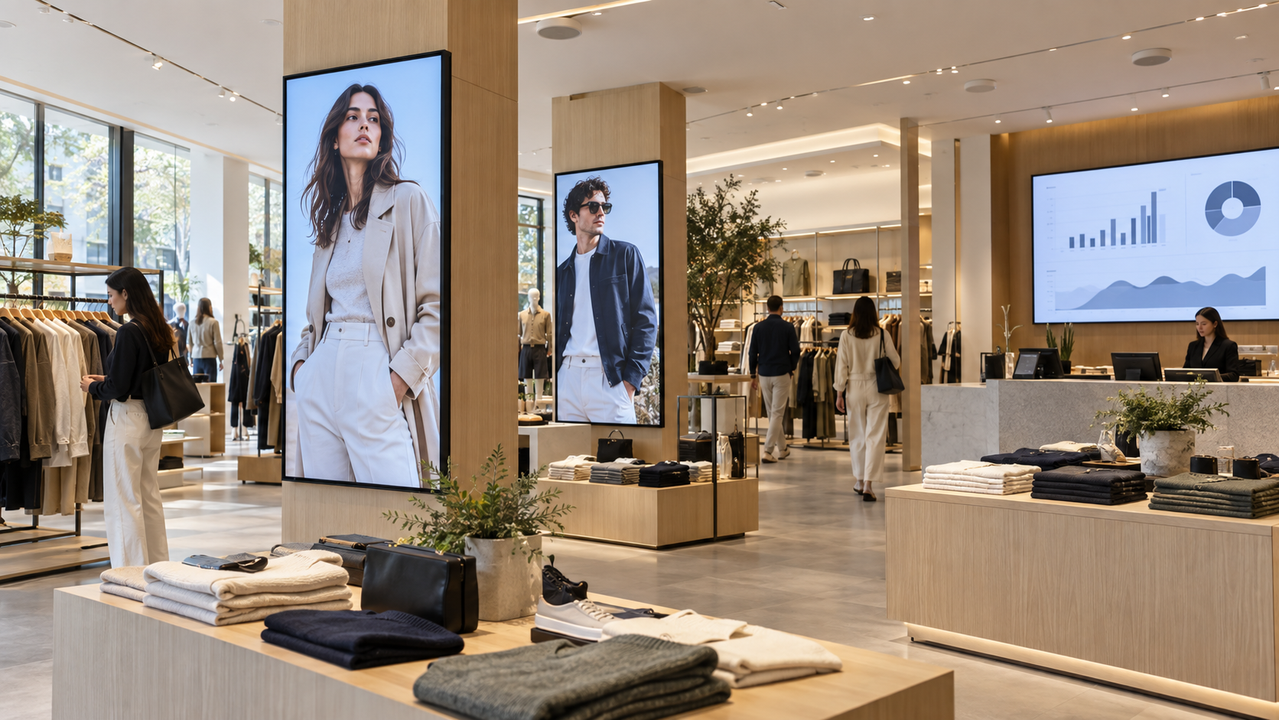 Escena ilustrativa de tienda con pantallas de señalización digital y visualización de información de negocio