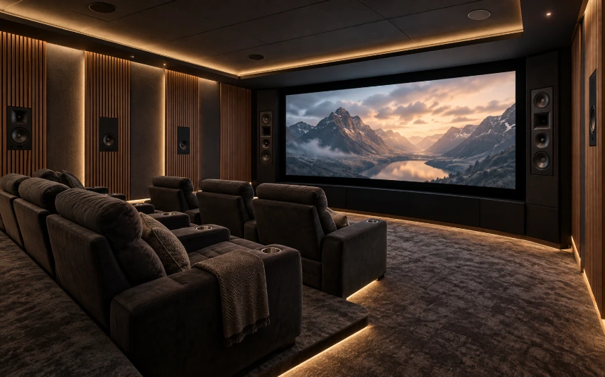 Cine residencial high-end con proyección, acústica y sonido envolvente; escena ilustrativa generada