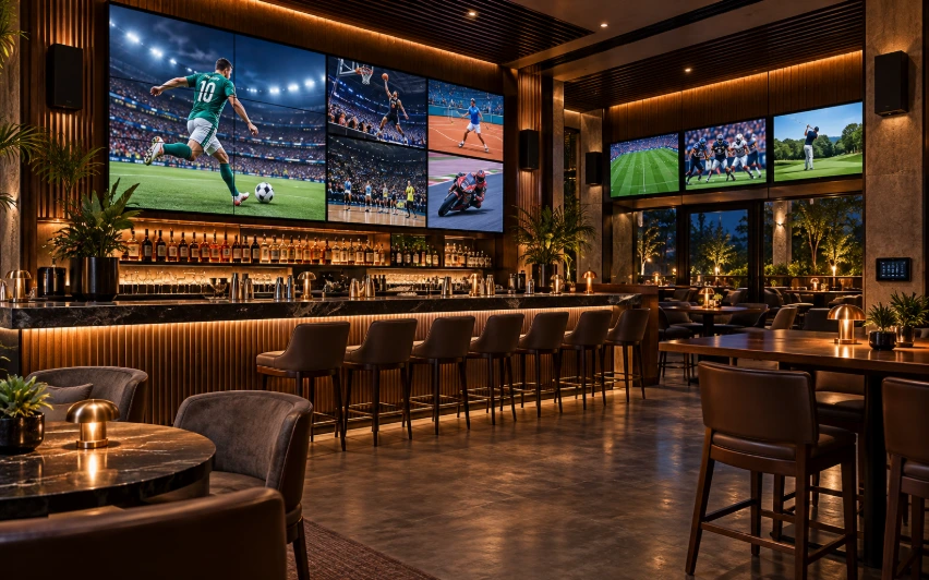 Sports bar premium con videowall, audio instalado y control; escena ilustrativa generada